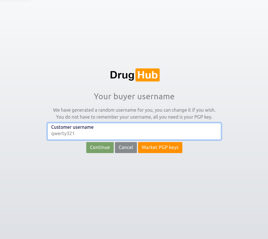 DrugHub Market Unique Username Assignment System displaying generated user identifier