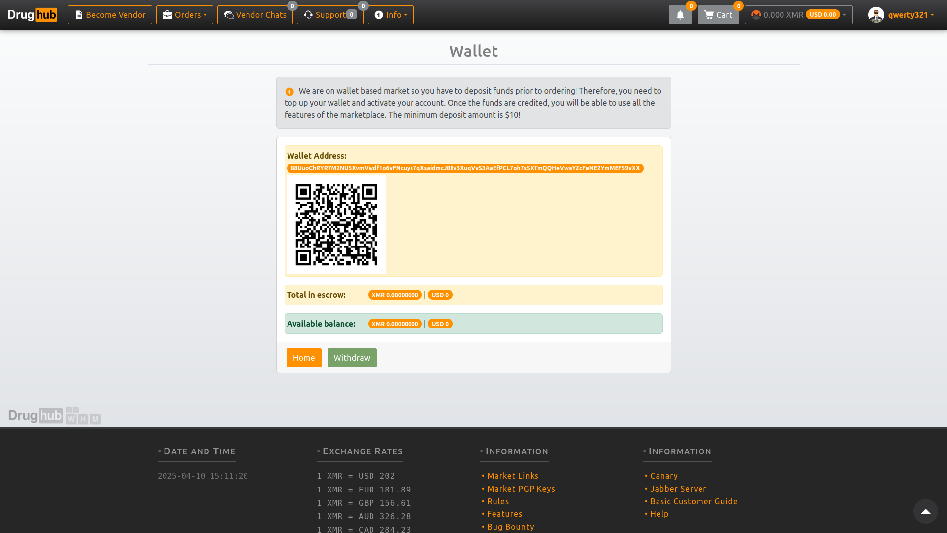 DrugHub Market Secure Wallet Dashboard Access showing encrypted Monero wallet interface and marketplace controls